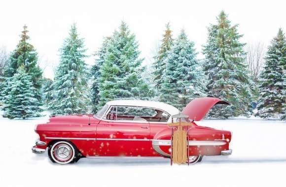 Red Chevrolet Bel Air, Snow, Winter wallpapers hd quality