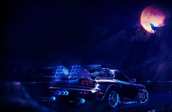 Neon Car Going To The Moon Wolf
