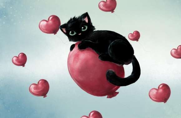 Cute Kitty Floating On Heart Baloons