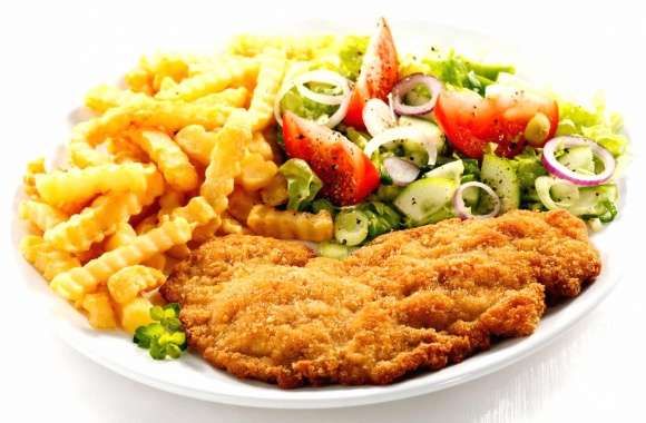 Breaded steak vegetables and chips wallpapers hd quality