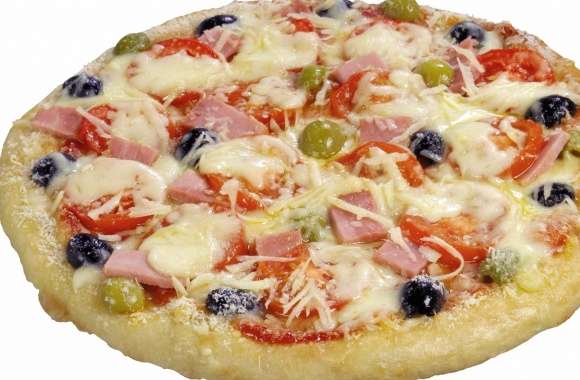 Pizza with ham olives and tomatoes wallpapers hd quality