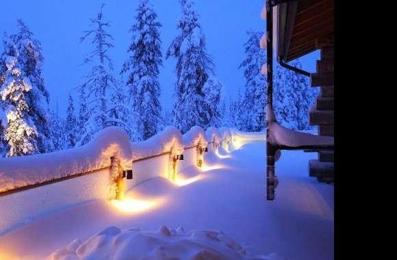 Ligh night snow cottage landscape