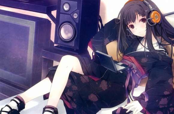 Quiet beautiful girl with music anime
