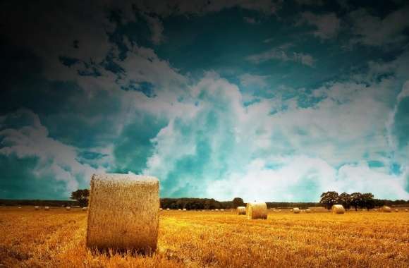 Straw Bales On Farmland With Blue Cloudy Sky