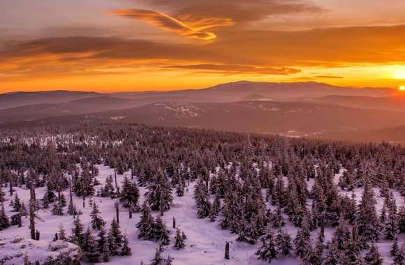 Sunset Behind Mountains Forest Snow Clouds