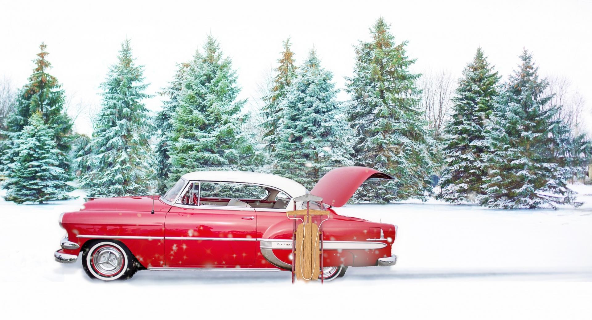 Red Chevrolet Bel Air, Snow, Winter at 1334 x 750 iPhone 7 size wallpapers HD quality