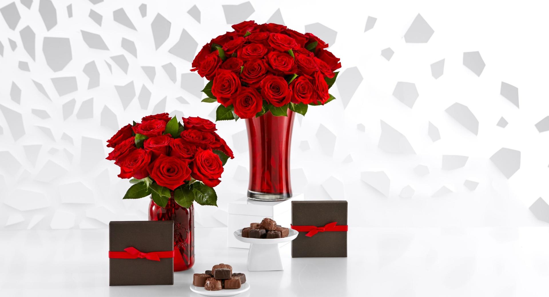 Red Roses Bouquets and Chocolate at 1600 x 1200 size wallpapers HD quality