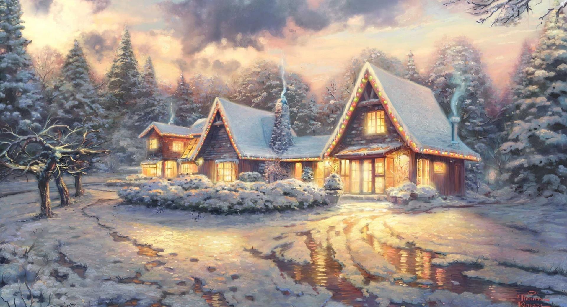 Christmas Lodge by Thomas Kinkade at 1024 x 1024 iPad size wallpapers HD quality