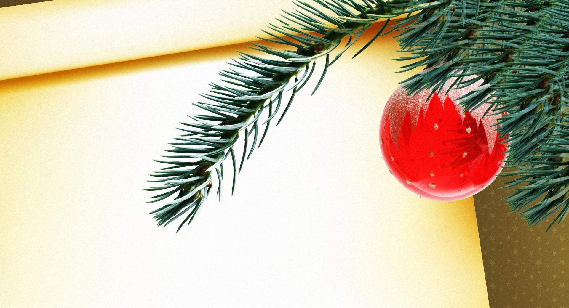 Red Christmas Ball Hanging On Tree Branch at 1152 x 864 size wallpapers HD quality