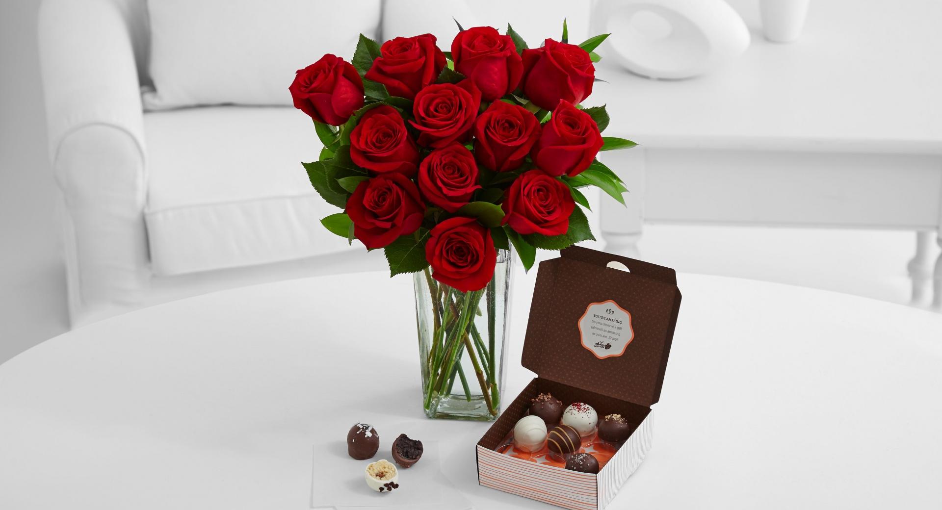 Cake Truffles and Red Roses Bouquet at 640 x 960 iPhone 4 size wallpapers HD quality
