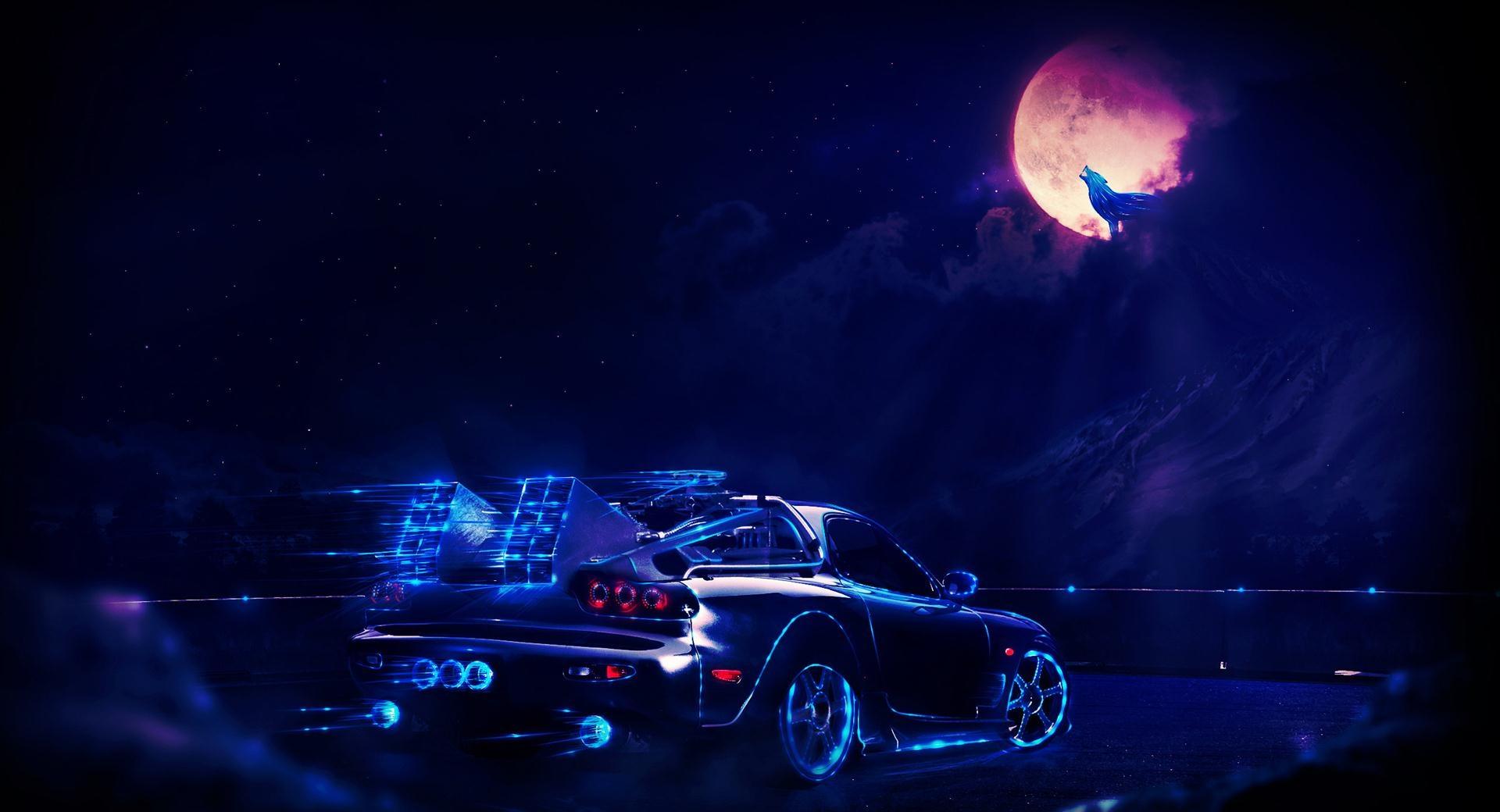 Neon Car Going To The Moon Wolf at 1024 x 1024 iPad size wallpapers HD quality