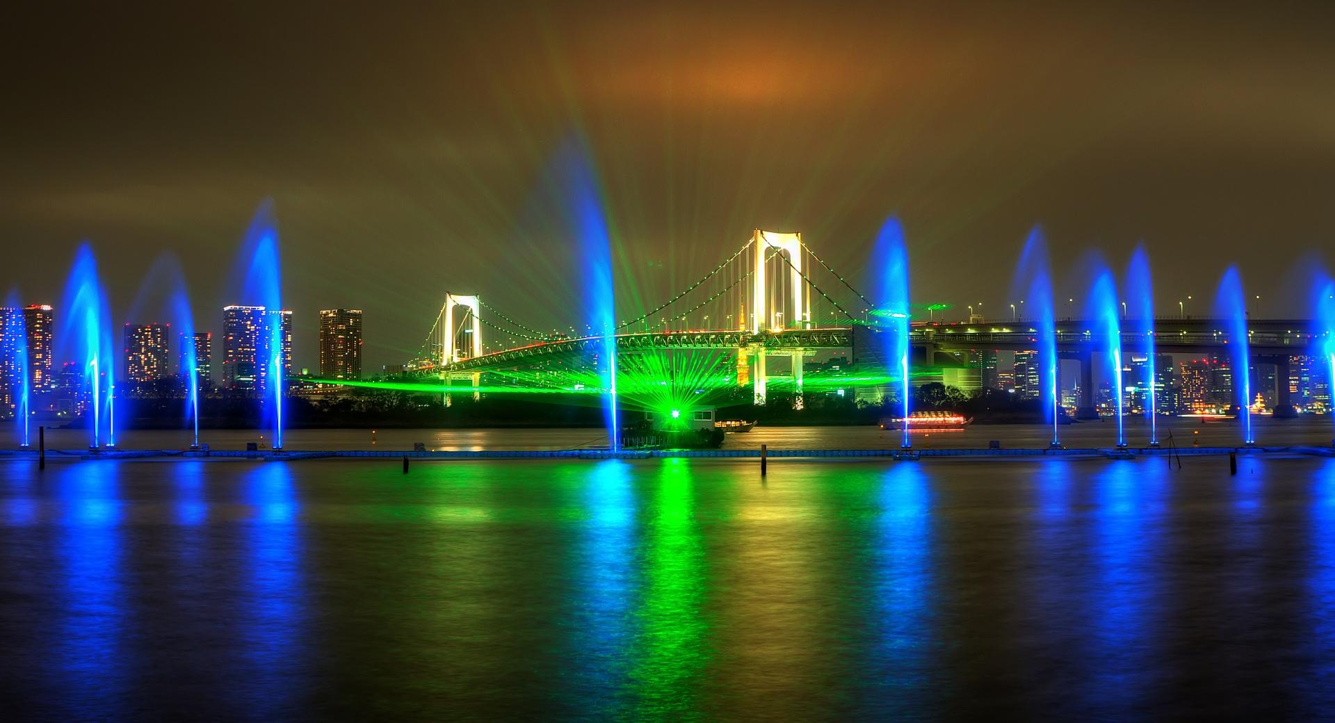 Rainbow Bridge Light Show in Tokyo at 2048 x 2048 iPad size wallpapers HD quality