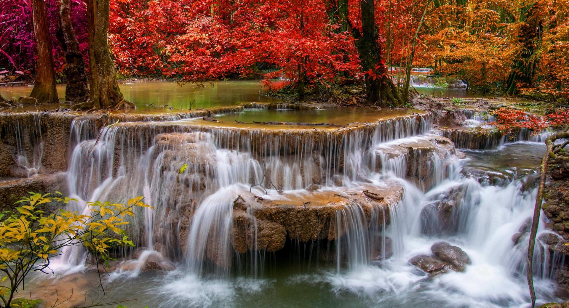 Waterfall, Red Trees at 1152 x 864 size wallpapers HD quality
