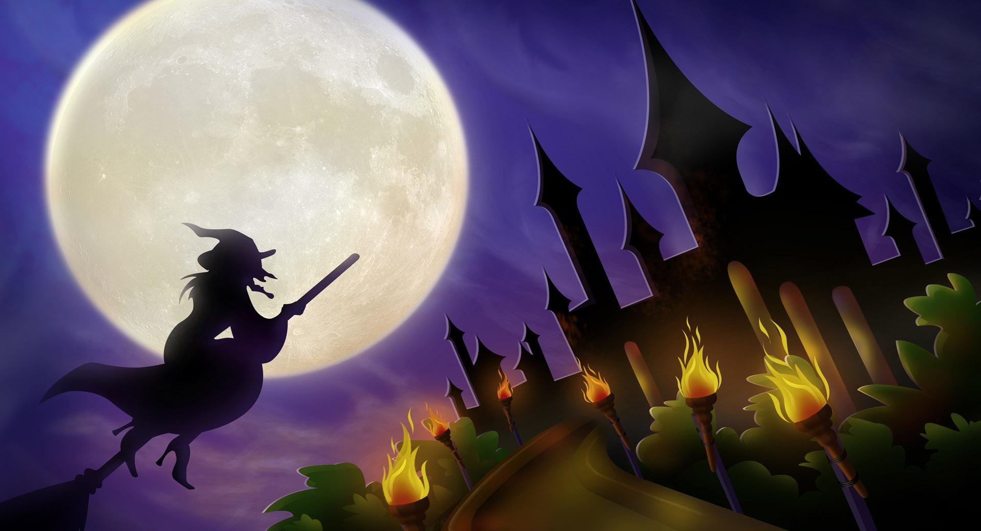 Witch On Broom Full Moon Hallowmas Halloween wallpapers HD quality