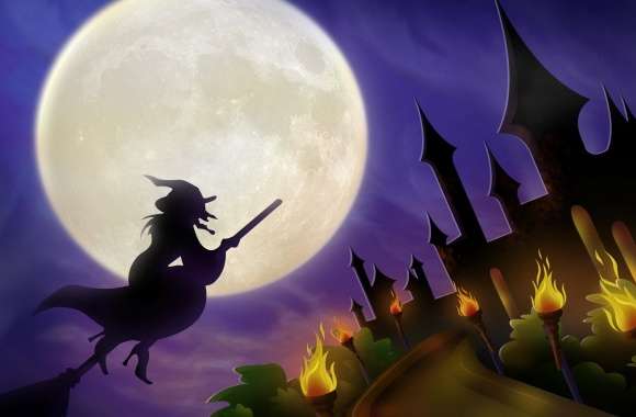 Witch On Broom Full Moon Hallowmas Halloween