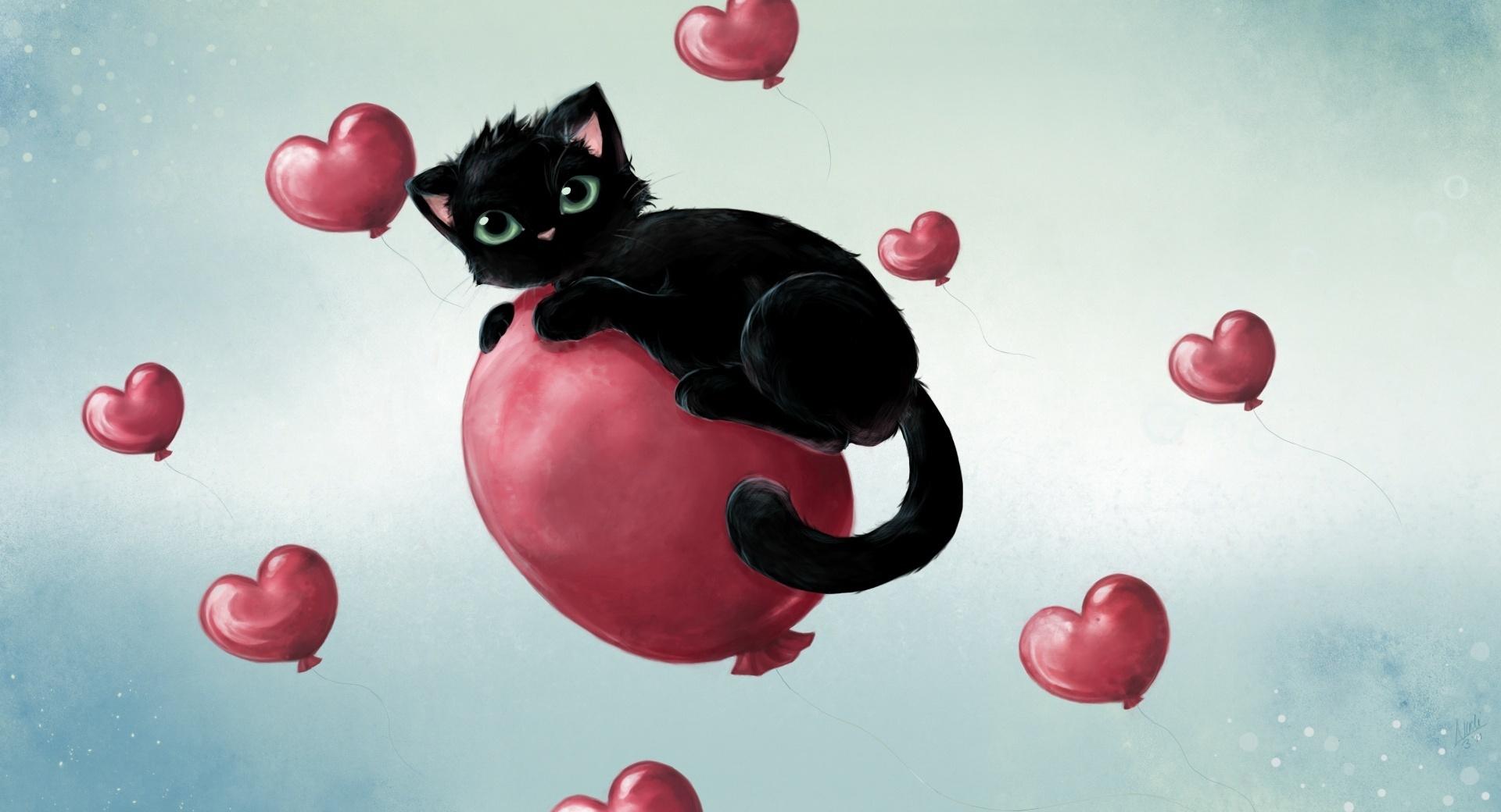 Cute Kitty Floating On Heart Baloons wallpapers HD quality