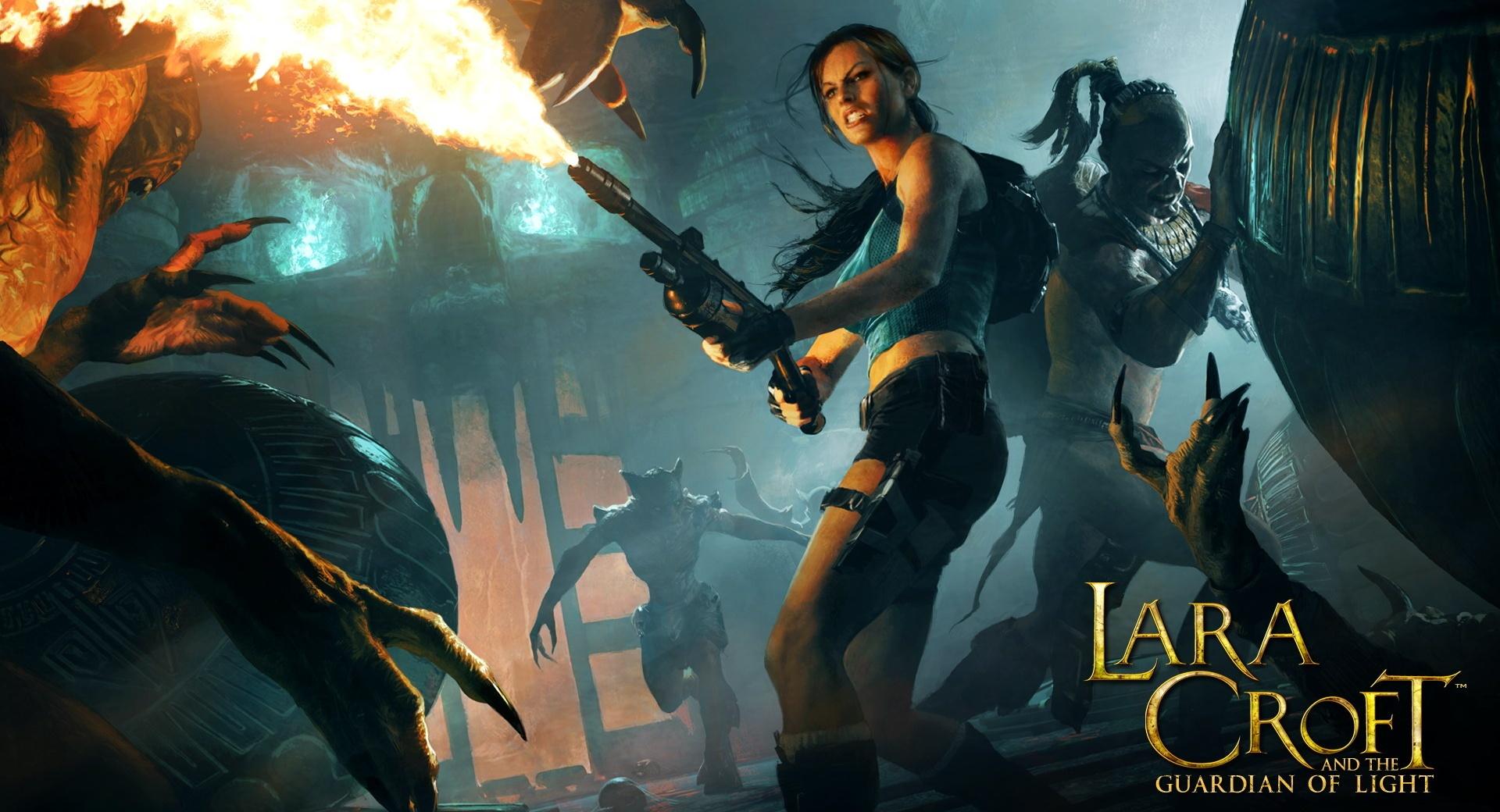 Lara Croft Flamethrower at 1024 x 1024 iPad size wallpapers HD quality