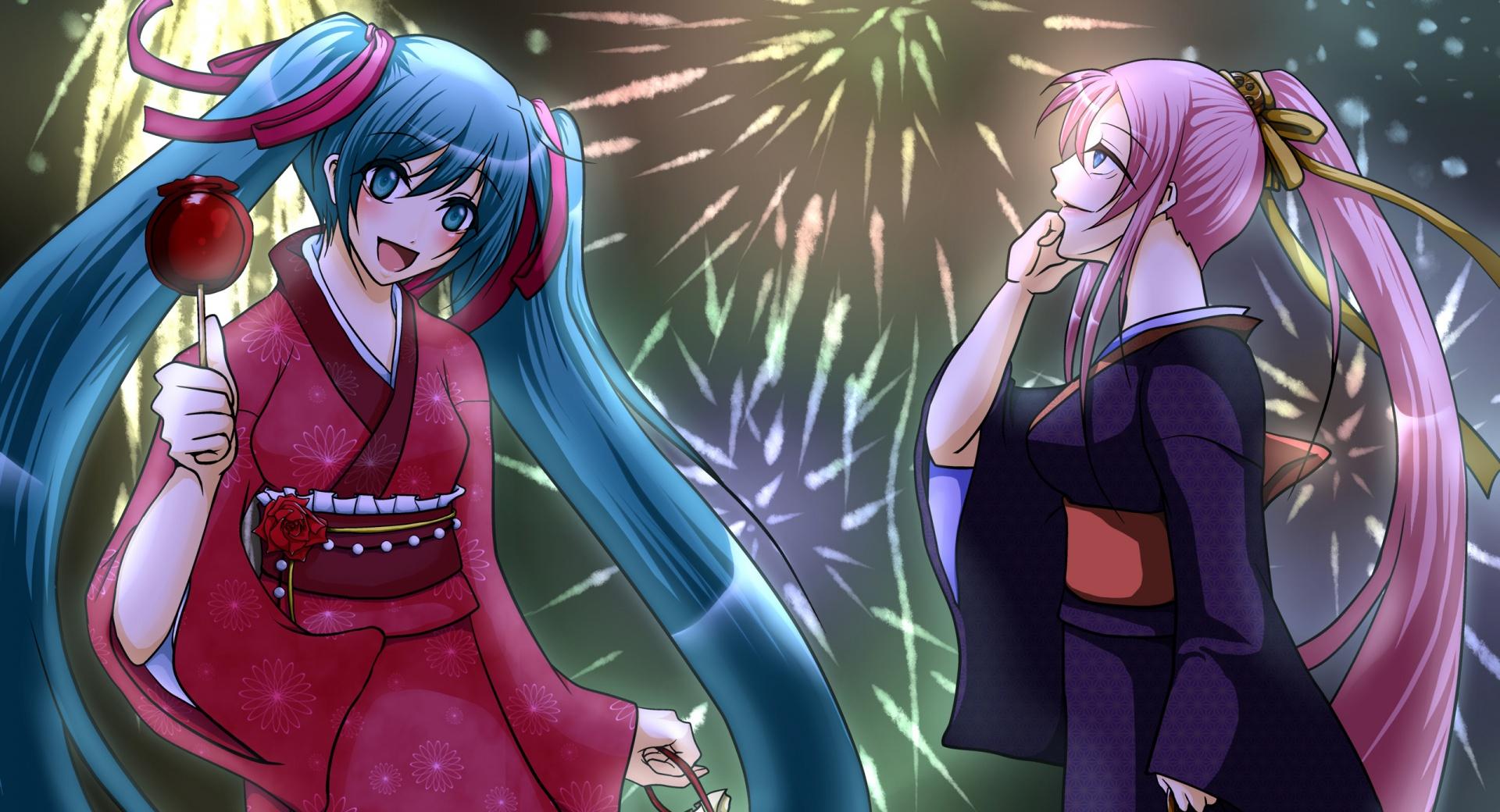 Luka and Miku Fireworks at 640 x 960 iPhone 4 size wallpapers HD quality