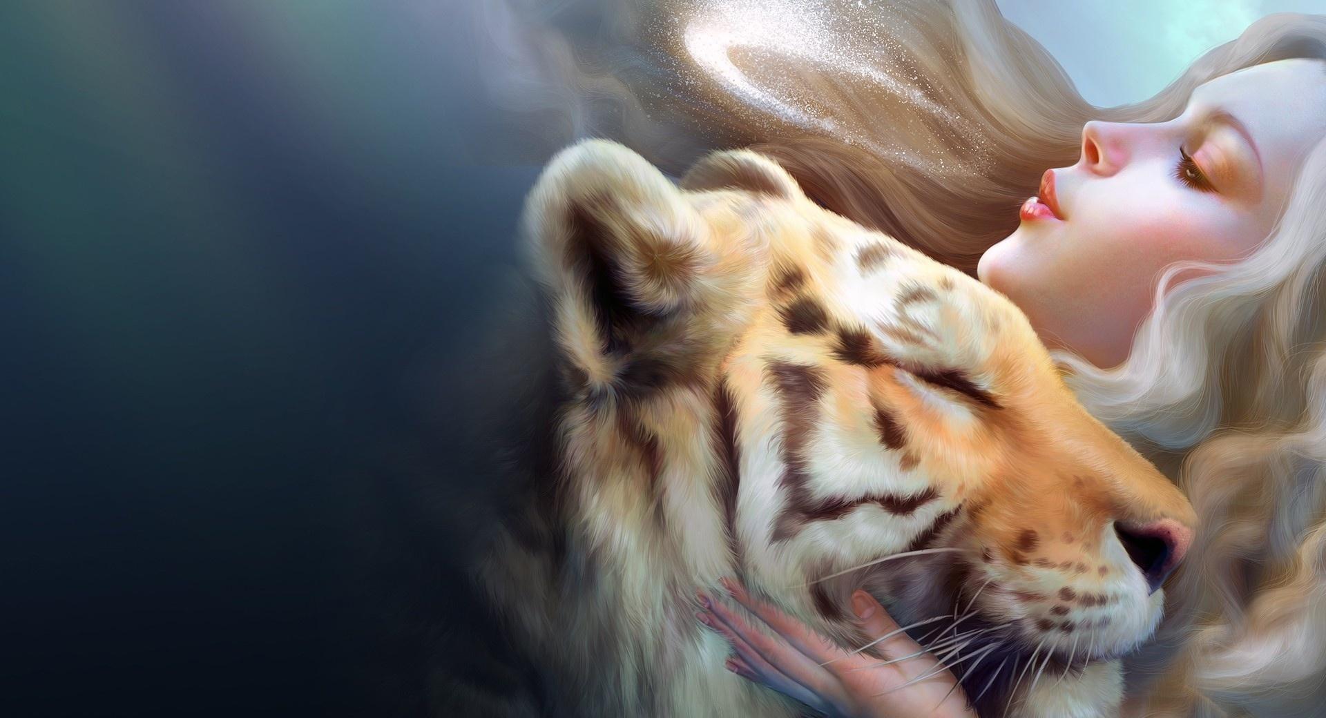 Tiger And Girl at 1024 x 1024 iPad size wallpapers HD quality