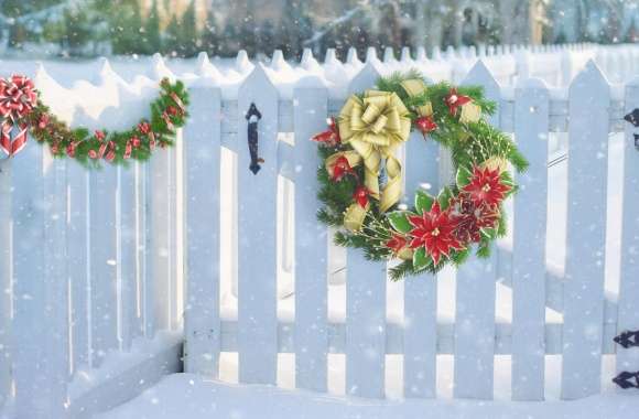 Christmas Wreath On White Fence