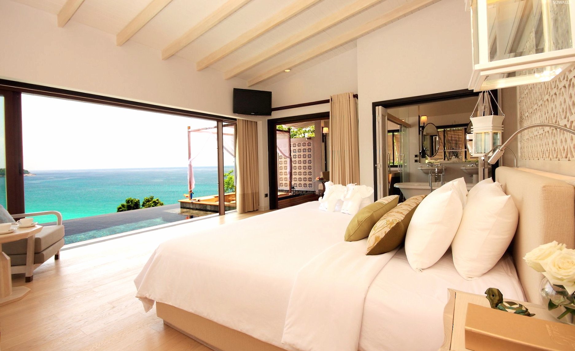 Bedroom with a great view of the ocean at 640 x 960 iPhone 4 size wallpapers HD quality