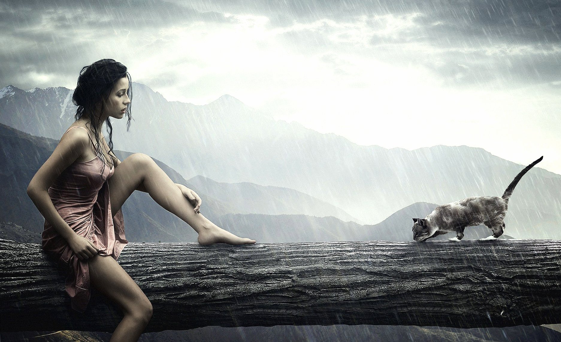 Girl rain and cat fantasy at 640 x 1136 iPhone 5 size wallpapers HD quality