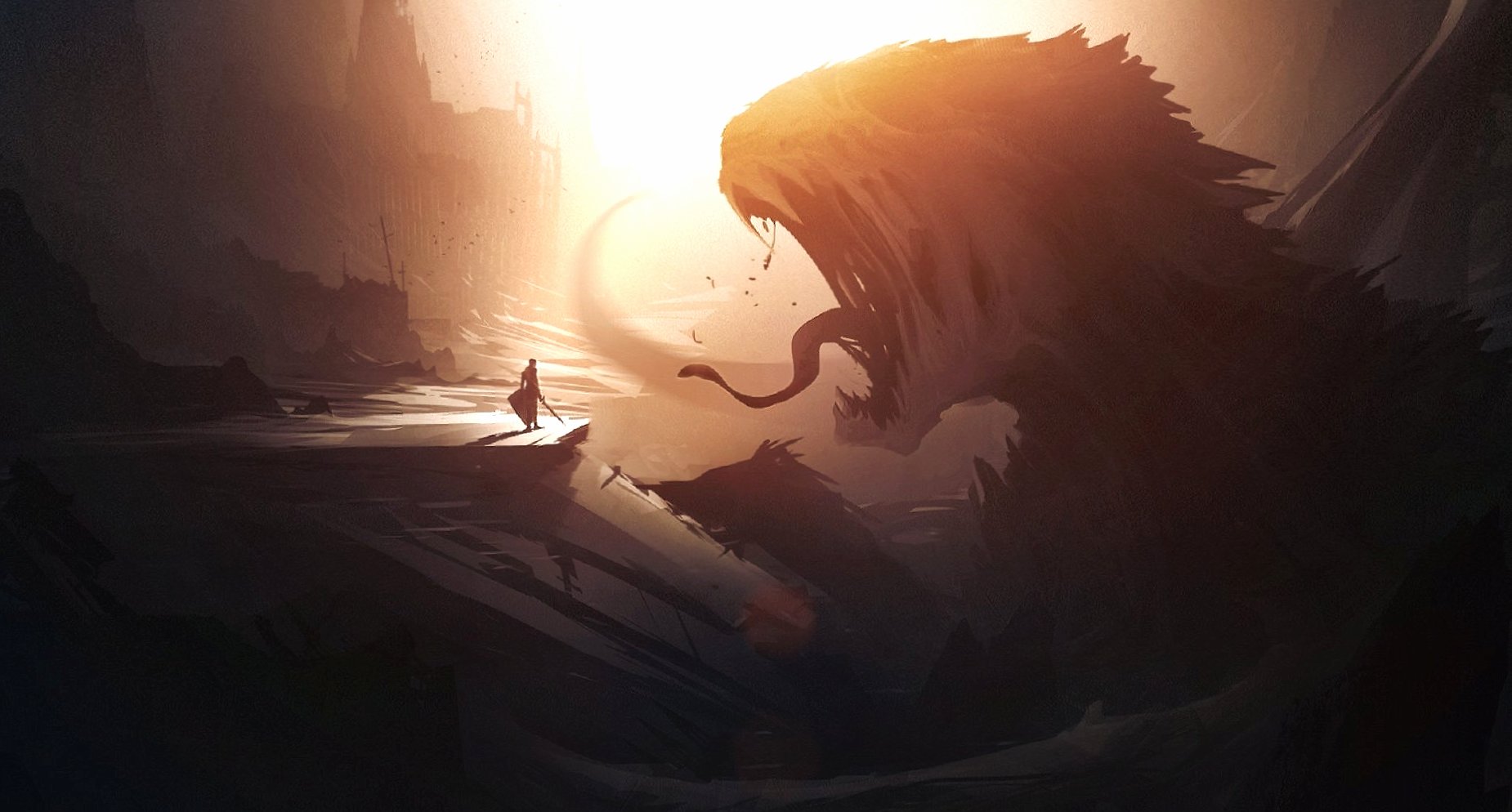 Man and giant creature at 2048 x 2048 iPad size wallpapers HD quality