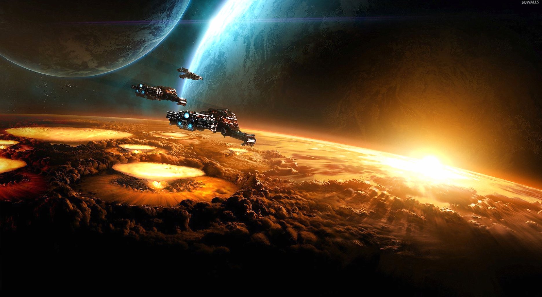Spaceships heading to the light at 640 x 960 iPhone 4 size wallpapers HD quality