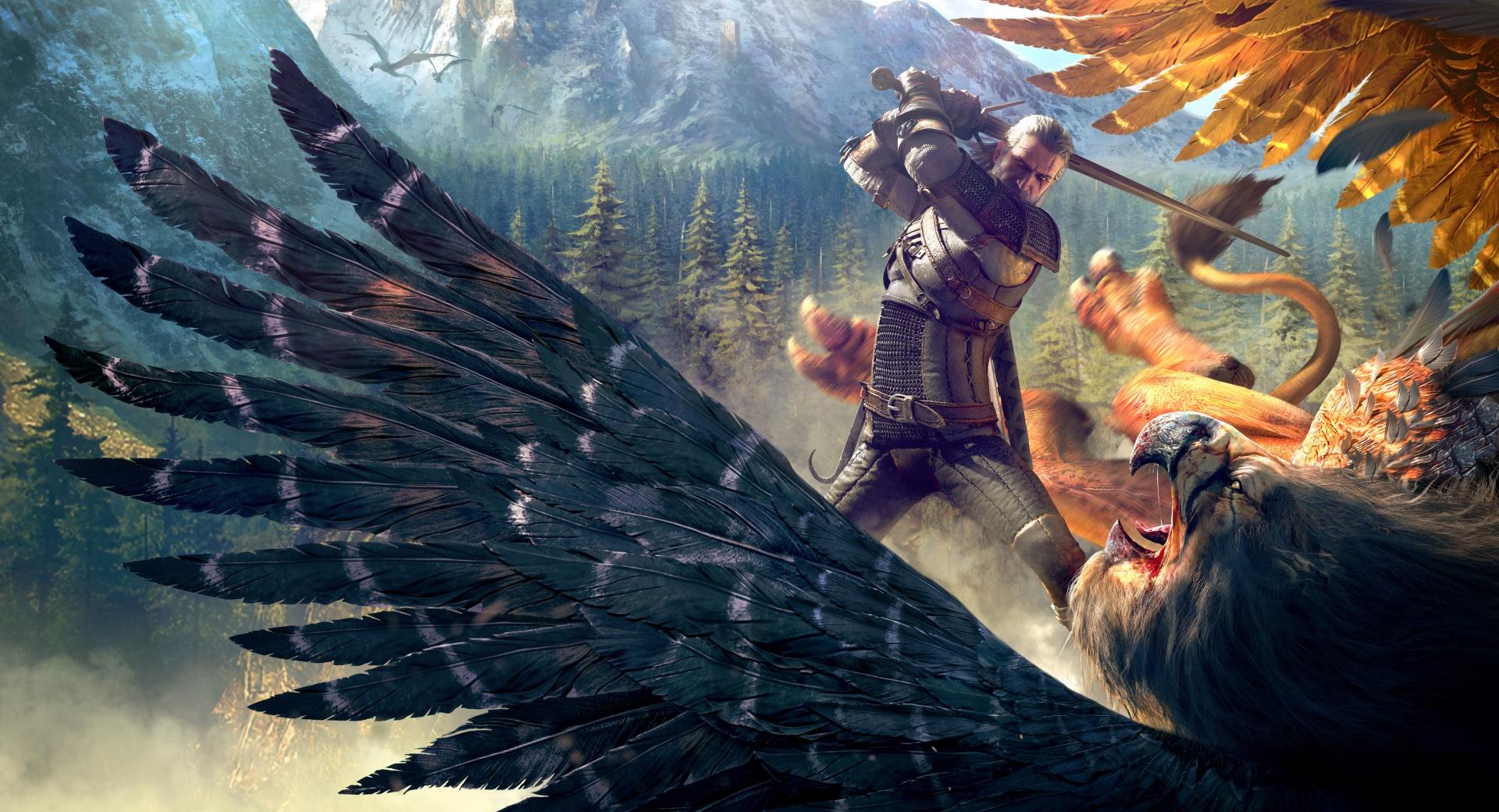 The Witcher 3 Wild Hunt Geralt and a Griffin at 640 x 960 iPhone 4 size wallpapers HD quality