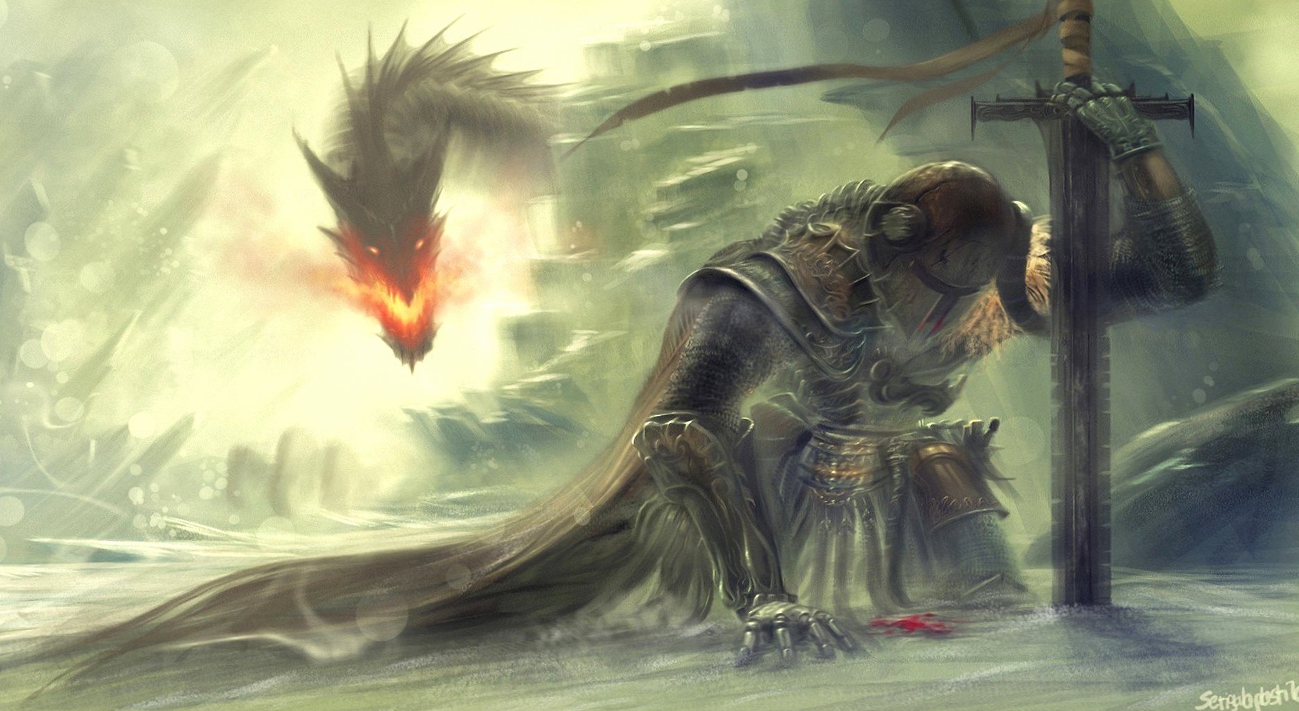 Warrior defeated by dragon at 1600 x 1200 size wallpapers HD quality