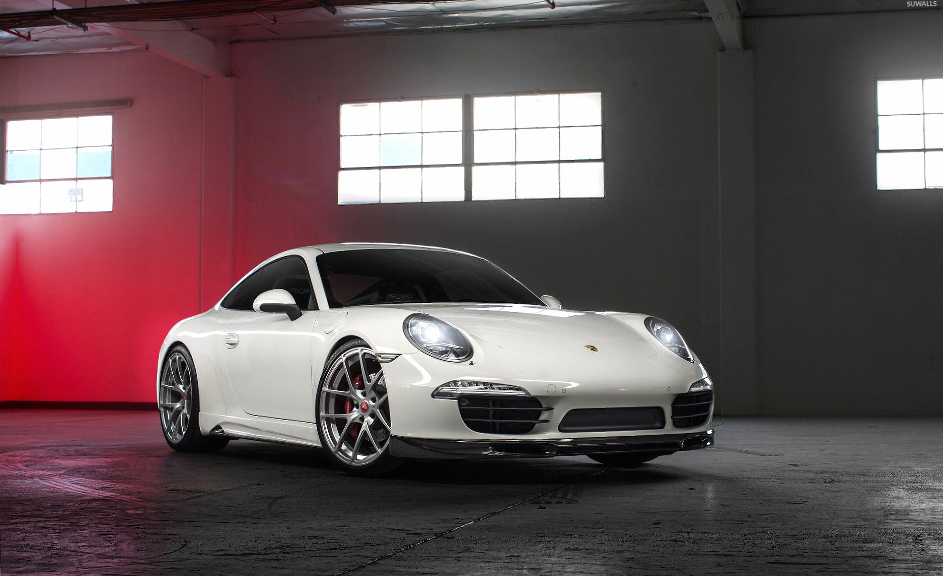 White Porsche 991 in a garage wallpapers HD quality