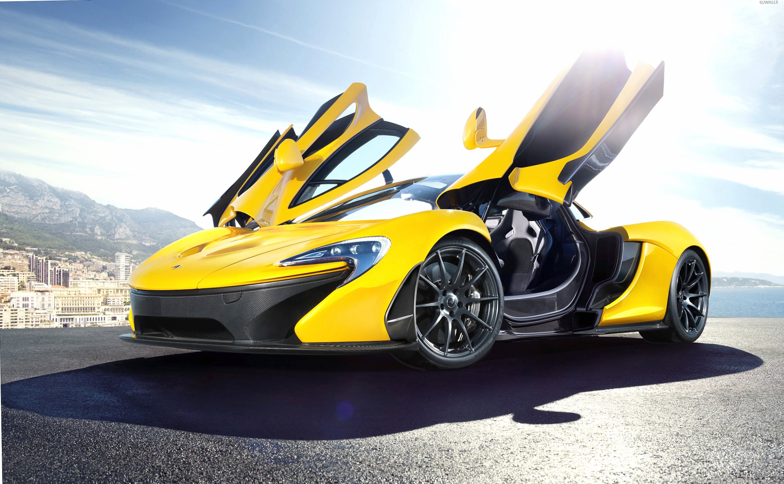 Yellow McLaren P1 with opened doors at 640 x 960 iPhone 4 size wallpapers HD quality