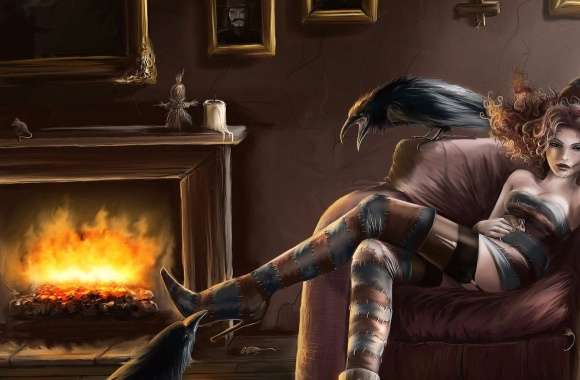 Crow fire coffe and girl fantasy wallpapers hd quality