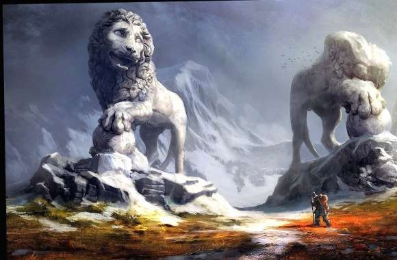 Two lion statues landscape