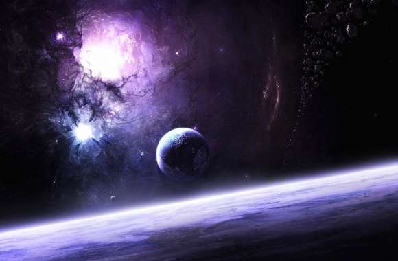 Violet nebula and planets