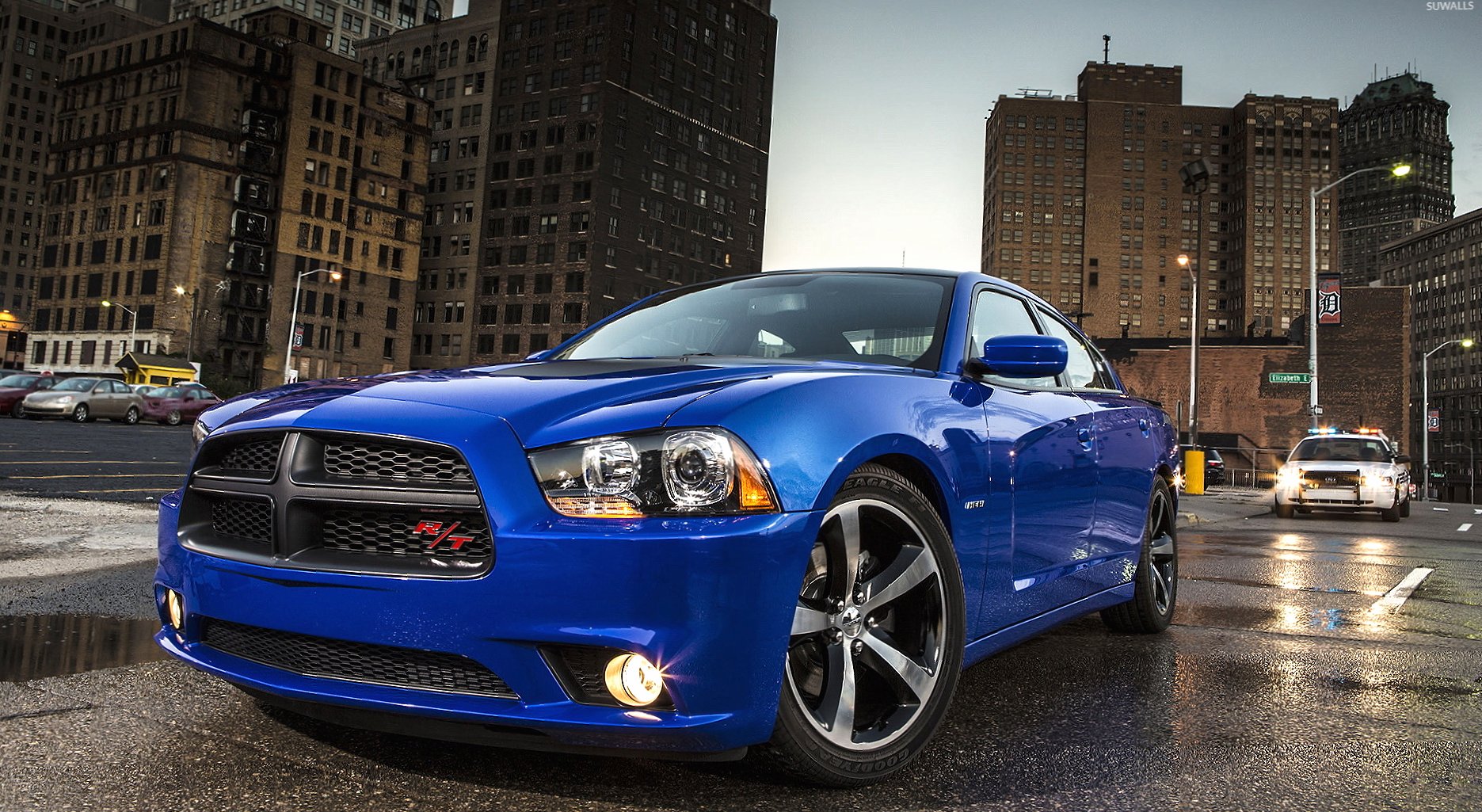 2013 Blue Dodge Charger in the city at 640 x 1136 iPhone 5 size wallpapers HD quality