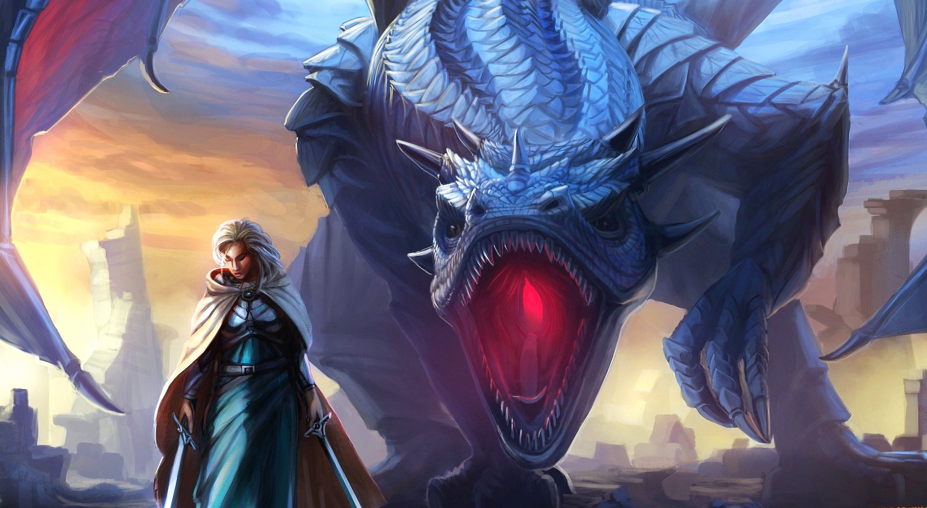 Blue dragon and girl at 1024 x 1024 iPad size wallpapers HD quality