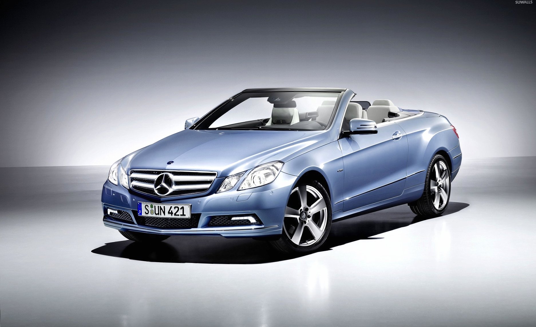 Blue Mercedes-Benz E-Class convertible front side view at 1024 x 1024 iPad size wallpapers HD quality