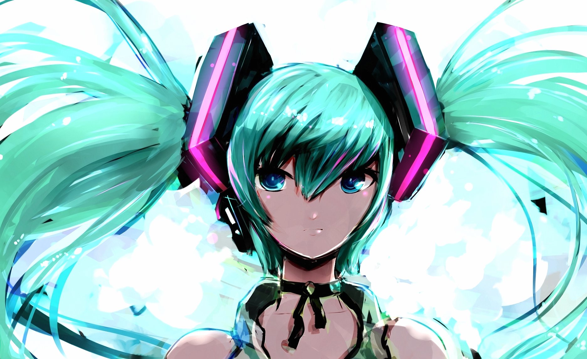 Hatsune Miku portrait with pink headphones - Vocaloid at 2048 x 2048 iPad size wallpapers HD quality