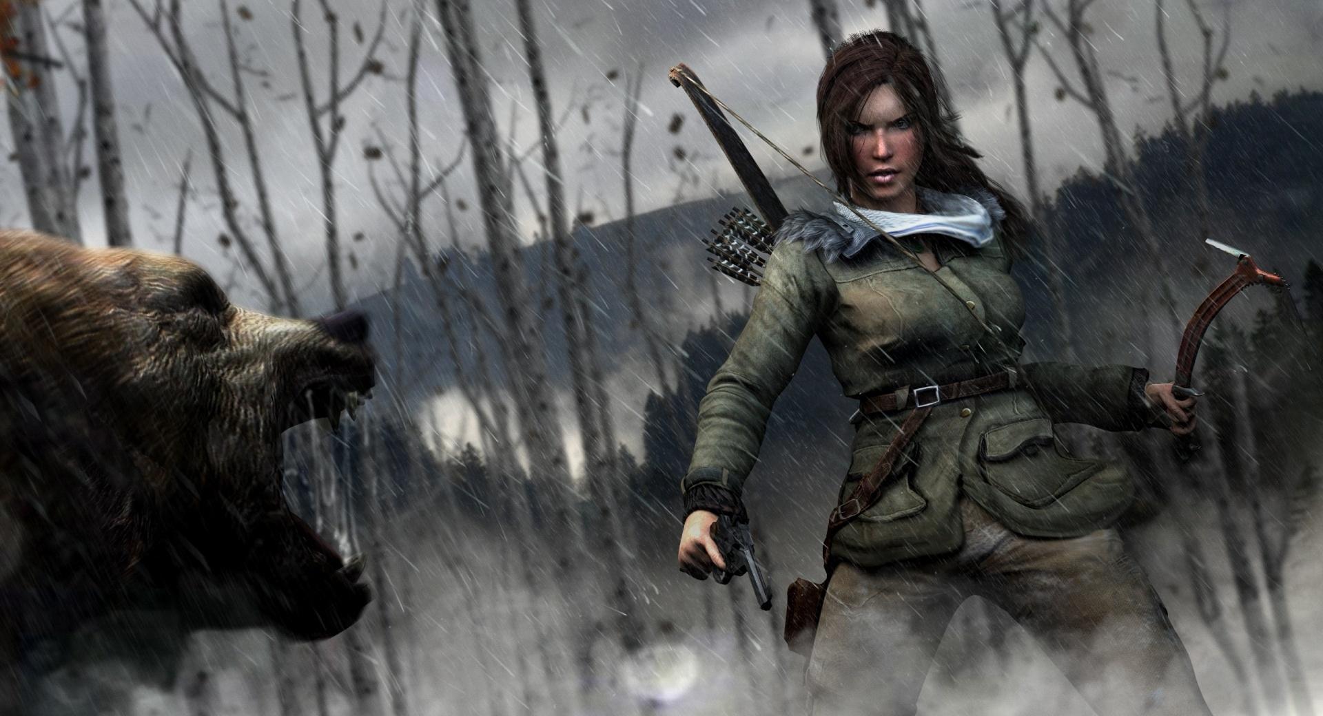 Rise of the Tomb Raider Lara Croft vs Bear at 2048 x 2048 iPad size wallpapers HD quality