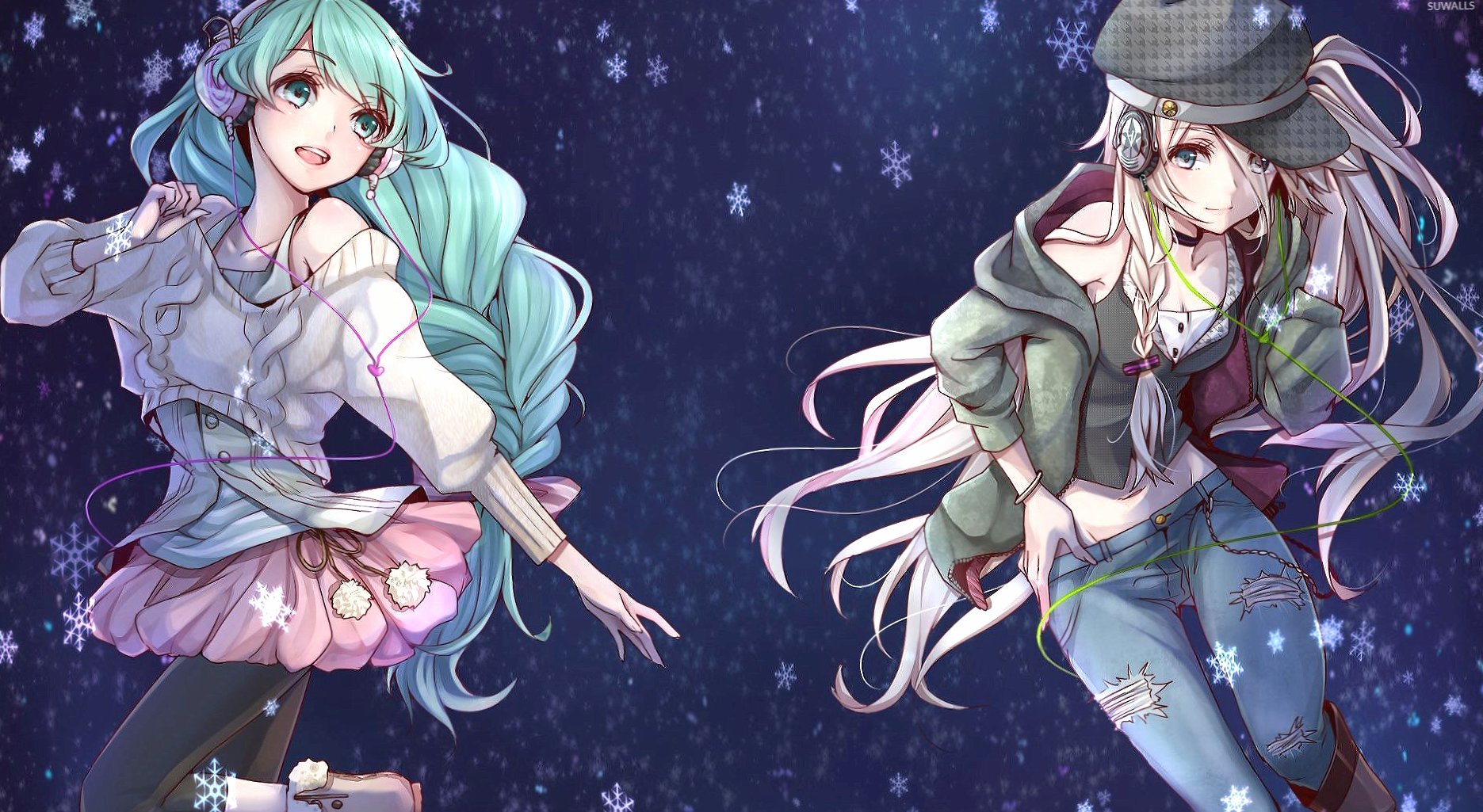SeeU and Hatsune Miku with headphonea - Vocaloid wallpapers HD quality