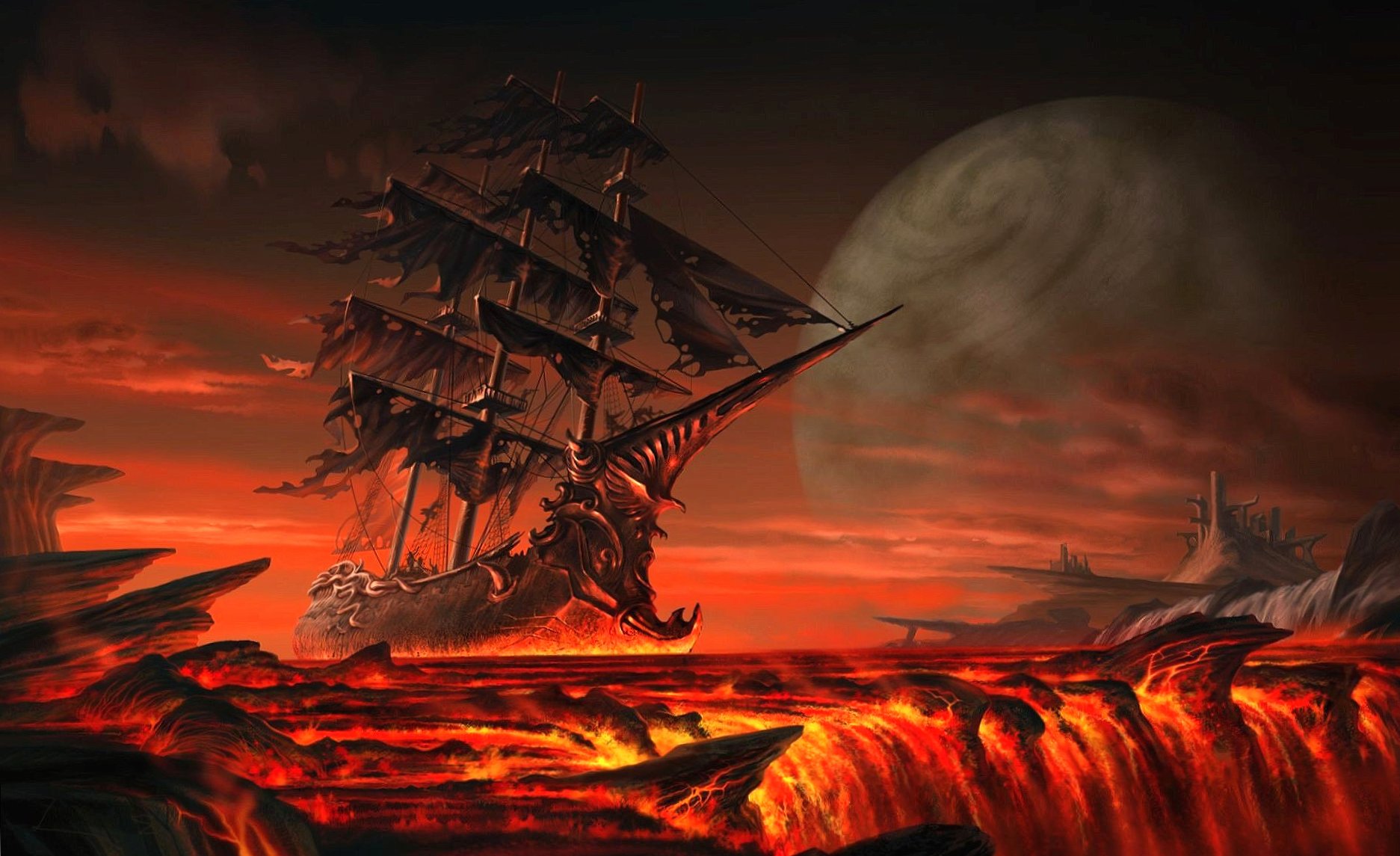 Ship in a river of lava at 320 x 480 iPhone size wallpapers HD quality