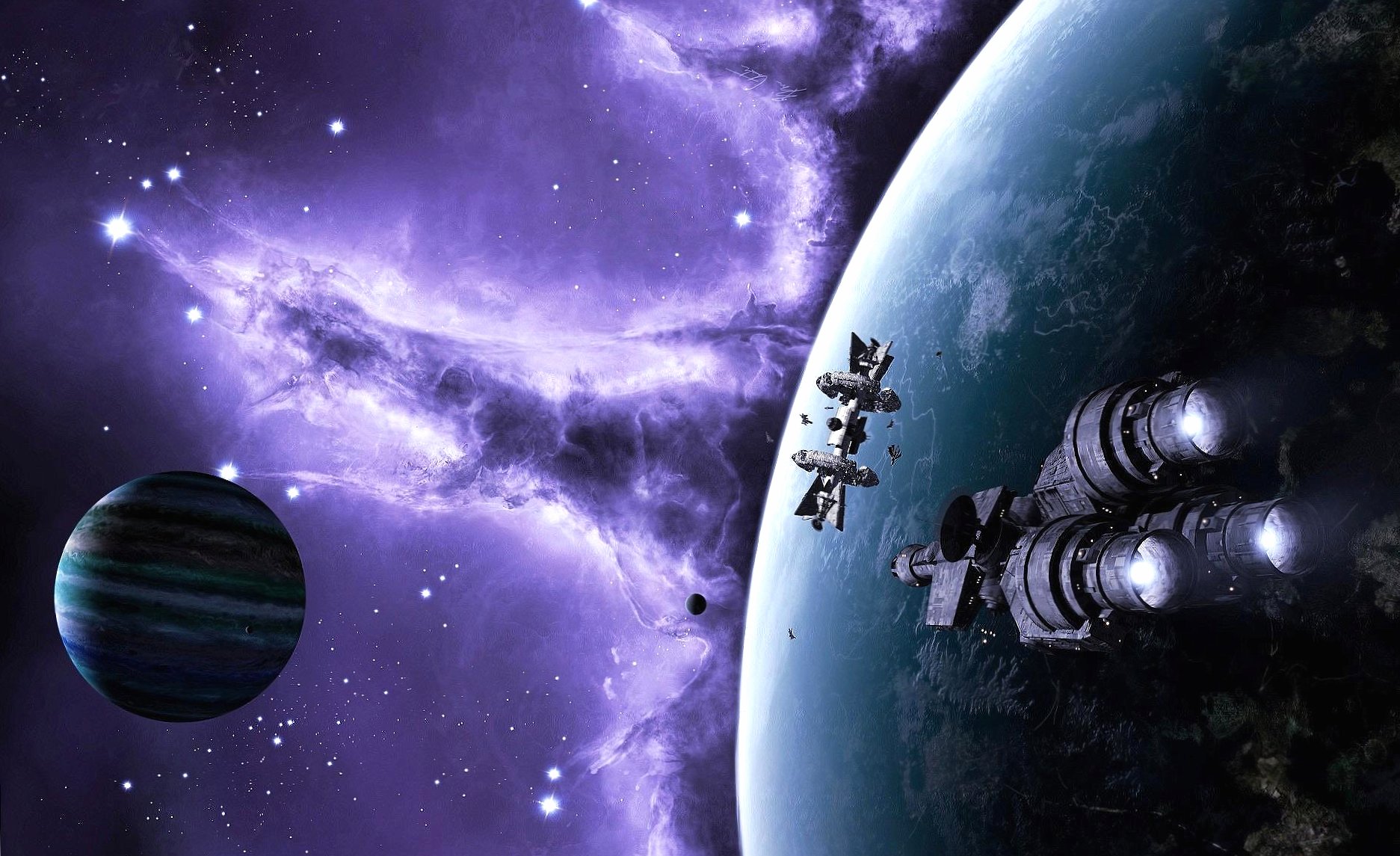 Spaceships near planet at 320 x 480 iPhone size wallpapers HD quality