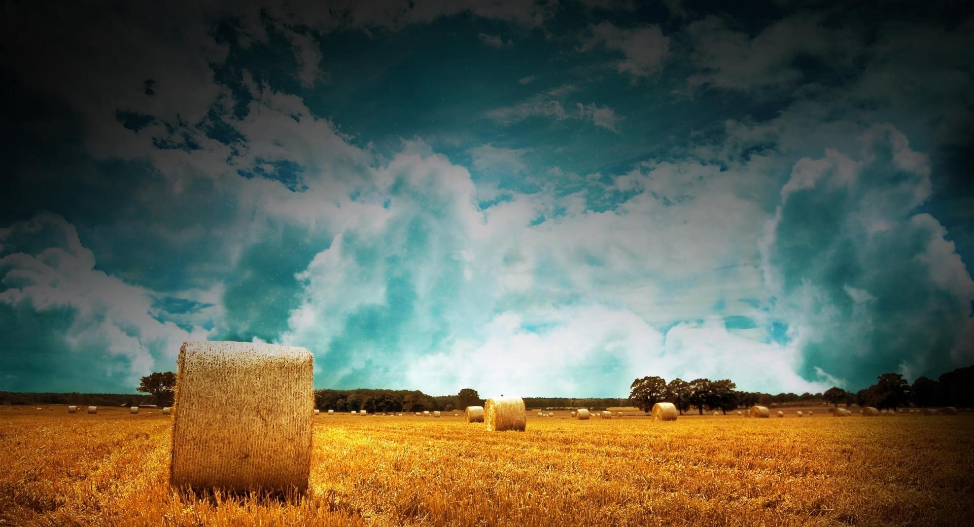 Straw Bales On Farmland With Blue Cloudy Sky wallpapers HD quality