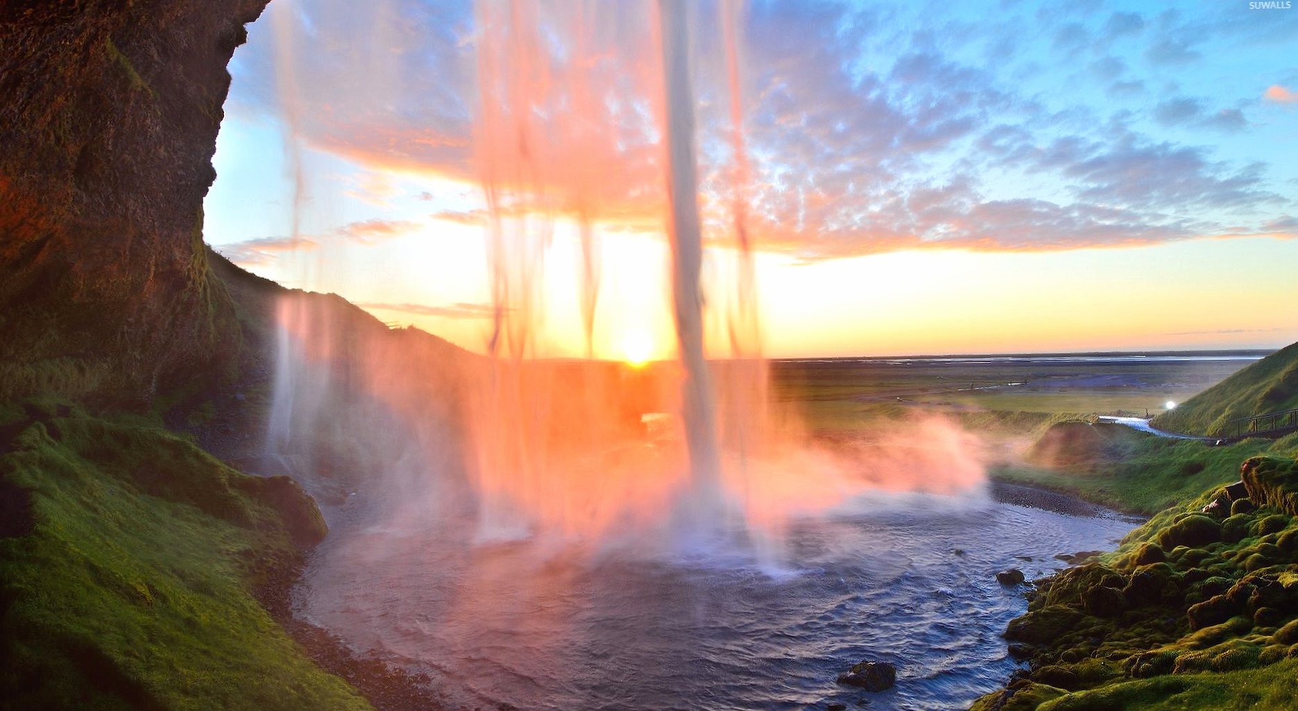 Tall waterfall in the sunset at 320 x 480 iPhone size wallpapers HD quality