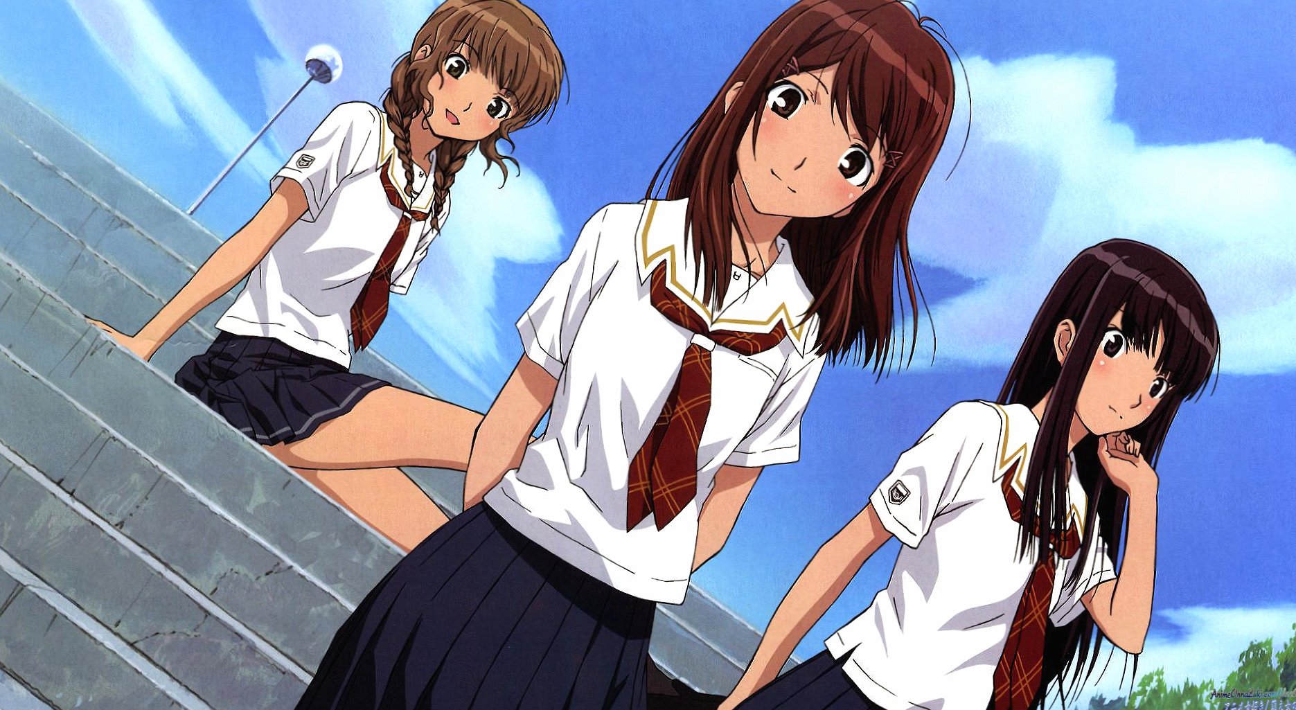 Three girls anime at 640 x 960 iPhone 4 size wallpapers HD quality