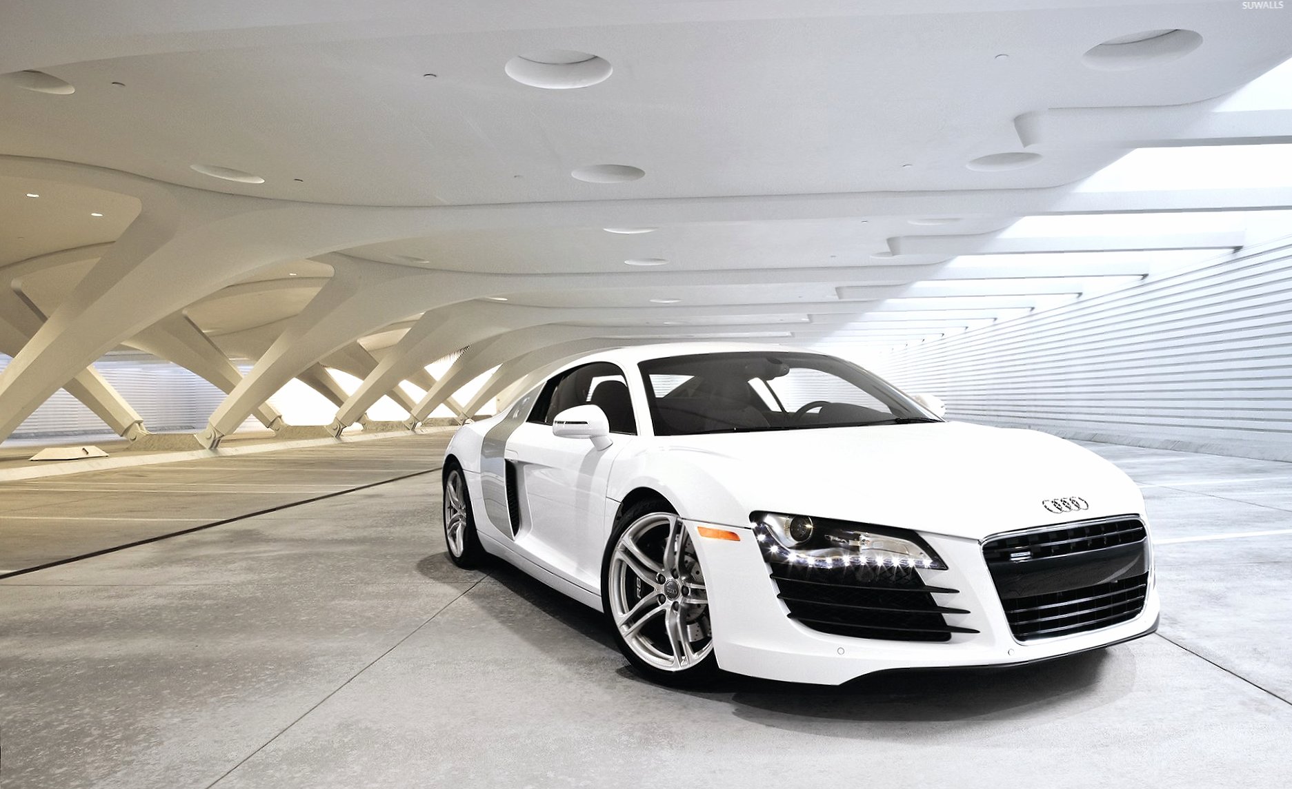 White Audi R8 in a parking lot wallpapers HD quality