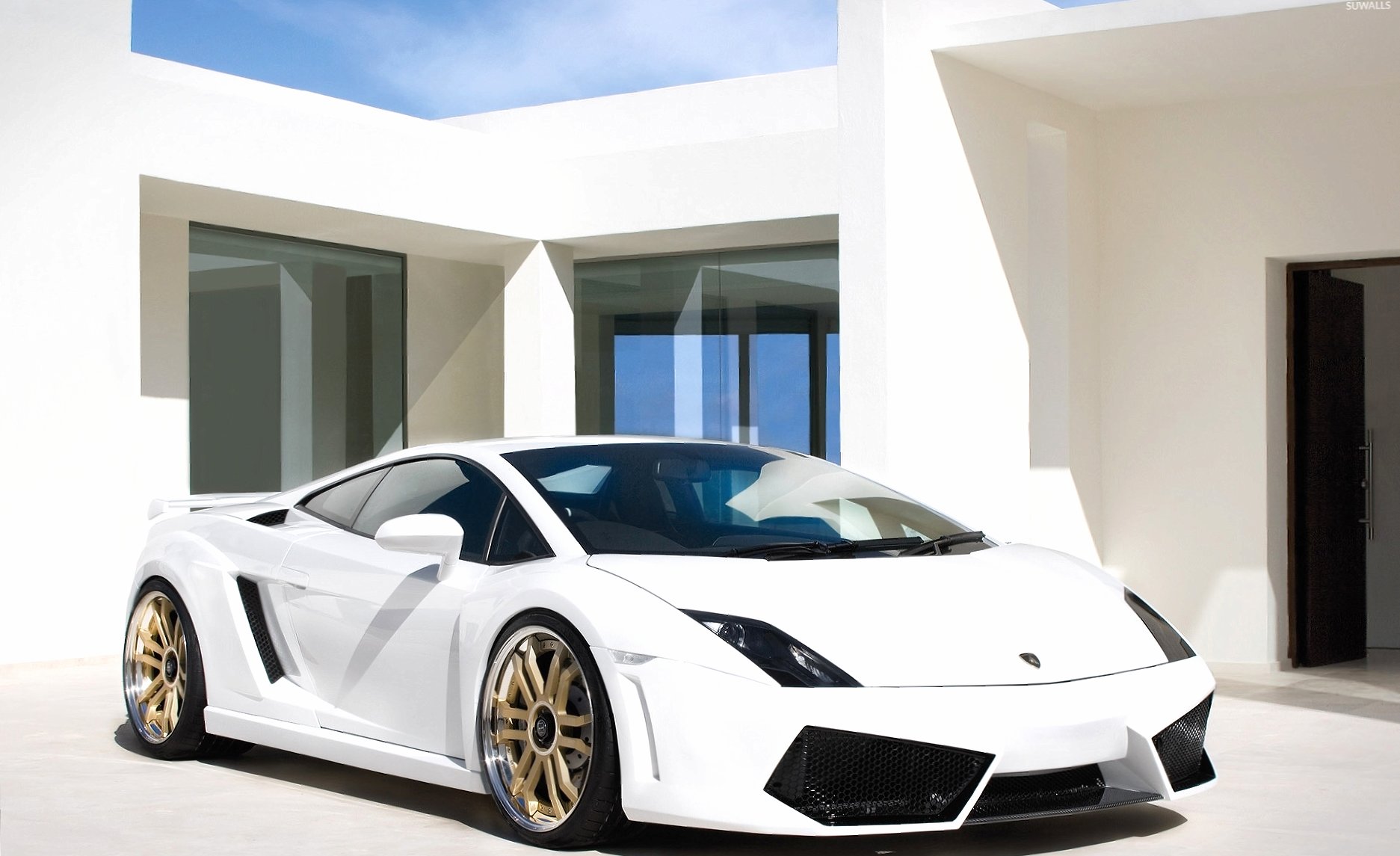 White Lamborghini Gallardo in front of a mansion wallpapers HD quality
