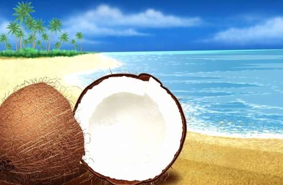 Coconut cut in half on the beach