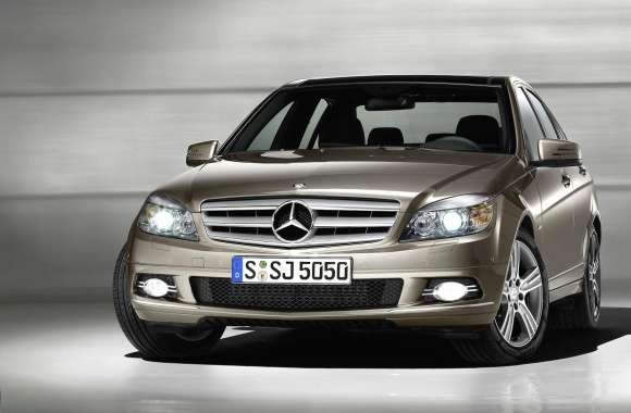 Mercedes-Benz C-Class front view with headlights on